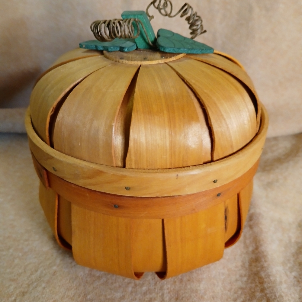 Vintage Bentwood Handmade Wooden Pumpkin Basket with Green Accents